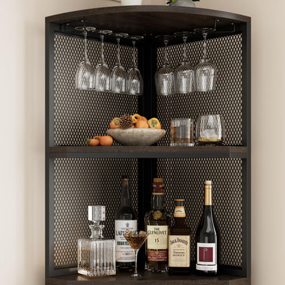 HITHOS 67" Tall Corner Bar Cabinet, Industrial Wine Bar Cabinet with Glass Holder, 6-Tier Liquor Cabinet with Adjustable Shelves, Corner Display Cabinet for Kitchen, Dining Room, Dark Brown - WoodArtSupply