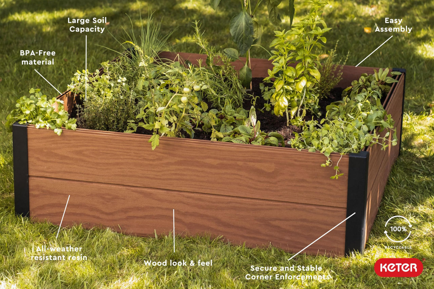 Keter 48" X 48" inches Wood Look Raised Garden Bed, Durable Outdoor Planter for Vegetables, Flowers, Herbs, and Succulents, Brown - WoodArtSupply