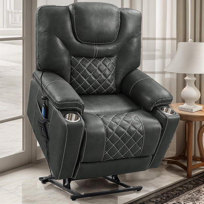 PUG258Y Power Lift Recliner for Seniors: 9988 High Density Foam Lift Chair With Heat and Massage, Reclining To 180, 2 Pockets Cup Holders, 2 Remote Controls, Dual OKIN Motors - Breathable Leather Gray