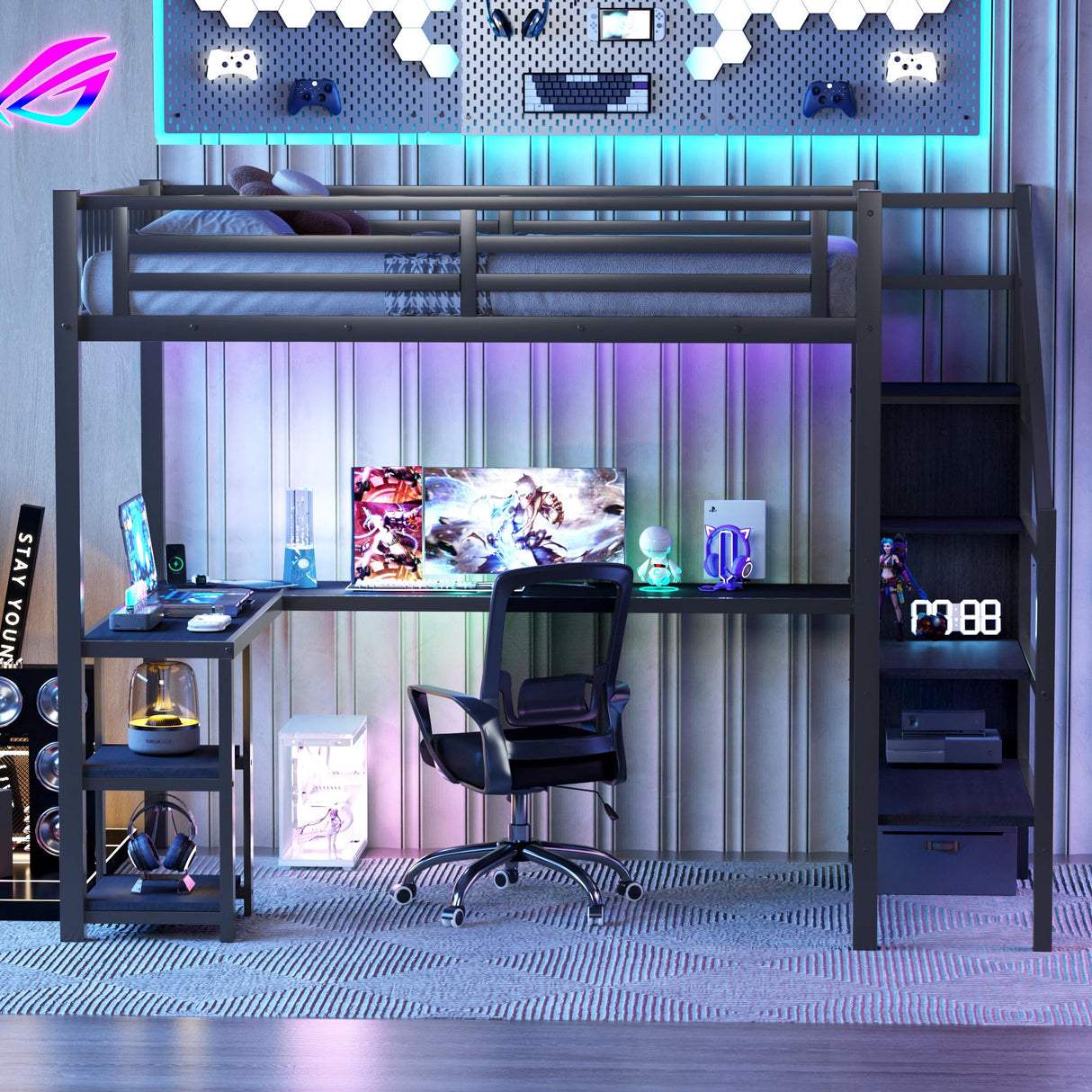 Full Size Loft Bed with Desk and Storage Stairs,Metal Full Loft Bed Frame with Wardrobe and Shelf, High Loft Bed with LED Light and USB Charging Station for Kids, Teens, Adults, Black Mirightone