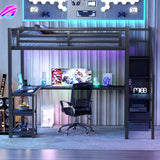 Full Size Loft Bed with Desk and Storage Stairs,Metal Full Loft Bed Frame with Wardrobe and Shelf, High Loft Bed with LED Light and USB Charging Station for Kids, Teens, Adults, Black Mirightone