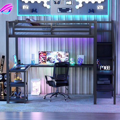 Full Size Loft Bed with Desk and Storage Stairs,Metal Full Loft Bed Frame with Wardrobe and Shelf, High Loft Bed with LED Light and USB Charging Station for Kids, Teens, Adults, Black Mirightone
