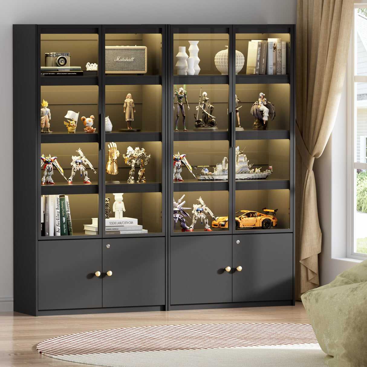 PAKASEPT Display Cabinet with 3 Color Light, 5 Tier Display Case with Glass Doors, 65" Curio Cabinets Display Shelf for Collectibles, Bookcase Bookshelf Display Case Cabinet for Bedroom, Living Room PAKASEPT