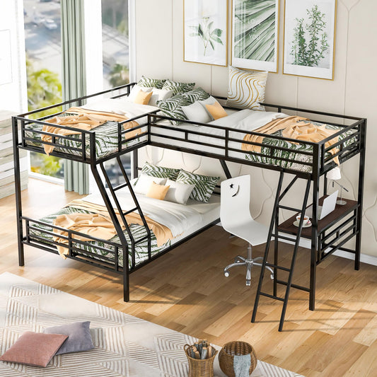 SOFTSEA Heavy Duty Metal Triple Bunk Bed, L Shaped Triple Bunk Bed with Desk, Bunk Beds Twin Over Full Size, Bunk Bed Frame with Guardrails and Ladder, No Box Spring Needed, Noise-Free, Black