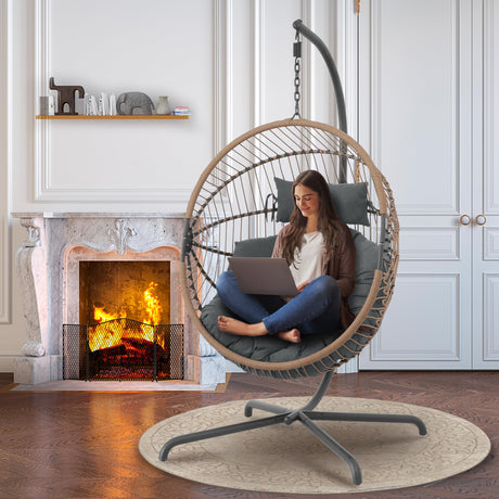 GREEN MORE Oversized Egg Swing Chair with Stand, Hanging Swing Chair, Foldable Hammock Chair with Steel Frame, 350LBS Capacity for Patio Garden Bedroom, Beige GREEN MORE