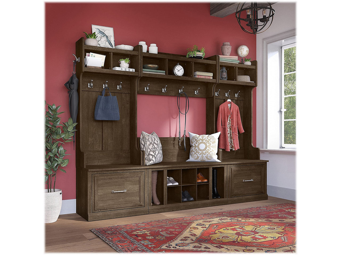 Bush Business Furniture Woodland Full Entryway Storage Set with Coat Rack and Shoe Bench with Drawers | Mudroom Organizer for Footwear, Clothing, Ash Brown - WoodArtSupply