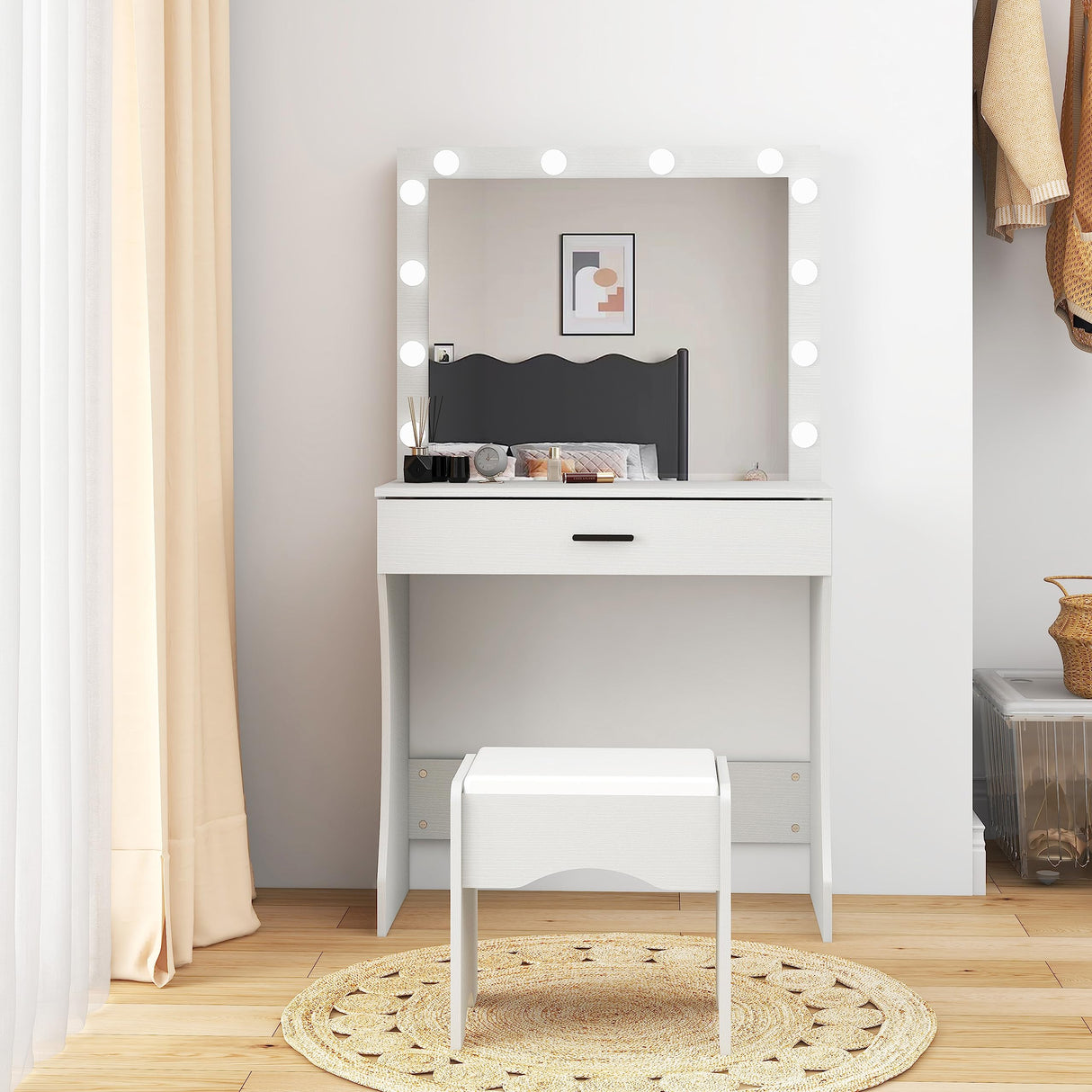 Vanity Desk with Mirror and Adjustable Lights, One Drawer Storage Makeup Table with Stool - Vanity Set for Bedroom (White) Panana