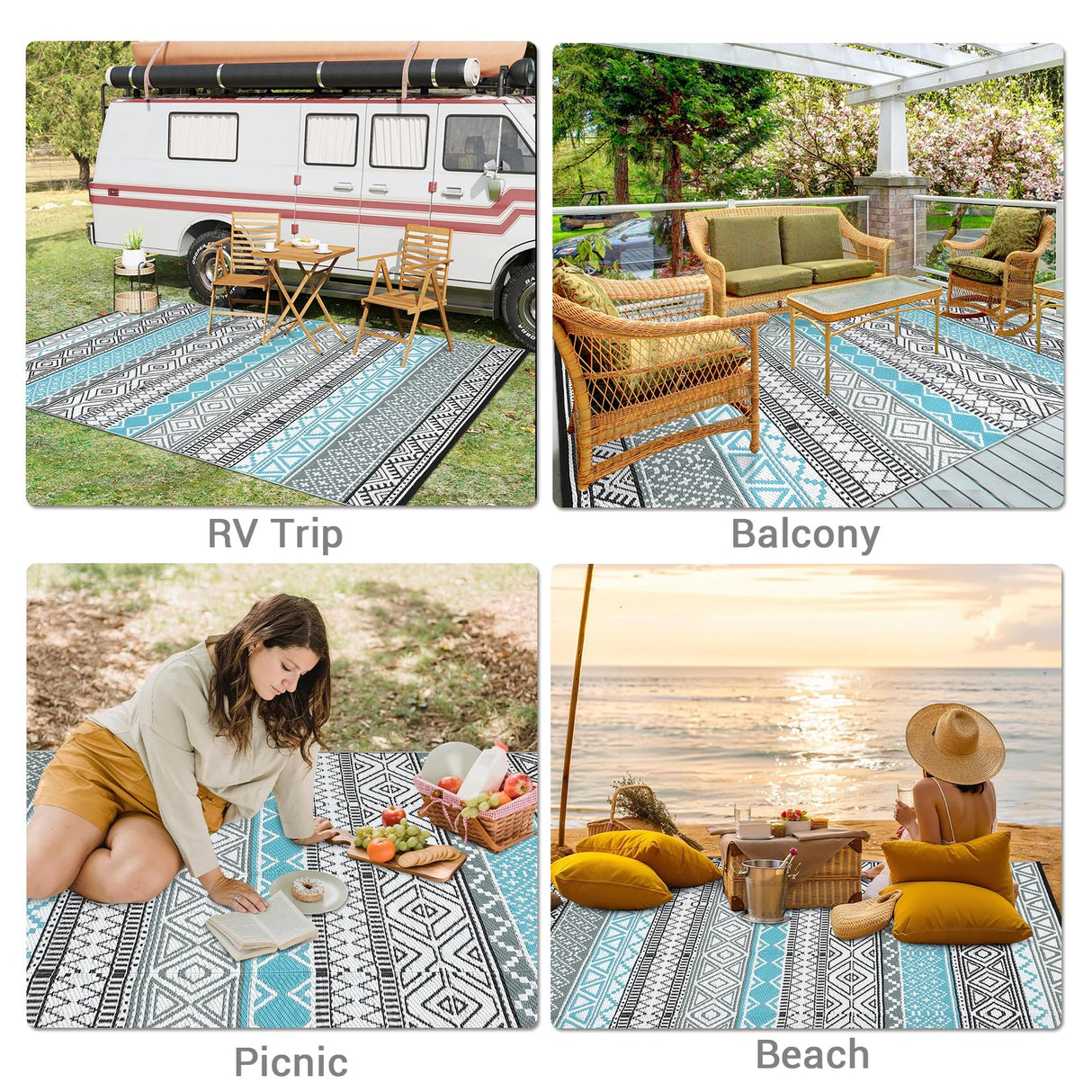 GAOMON Outdoor Rug 9'x12' Waterproof Rug for Patio Decor, Foldable Reversible Plastic Straw Area Rugs Mat for Camper, Outside Carpet for Deck, Porch, Picnic, Beach, Blue/Grey(Bohemia) GAOMON