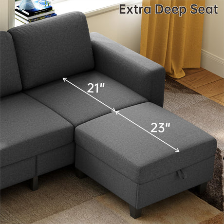 Lonkwa Sectional Sofa Couches for Living Room, 78'' Dark Grey 3 Seater L-Shaped Couch with Storage Ottoman, Comfy Fabric Convertible Sectionals Sofas with Chaise for Apartment, Office, Small Space Lonkwa