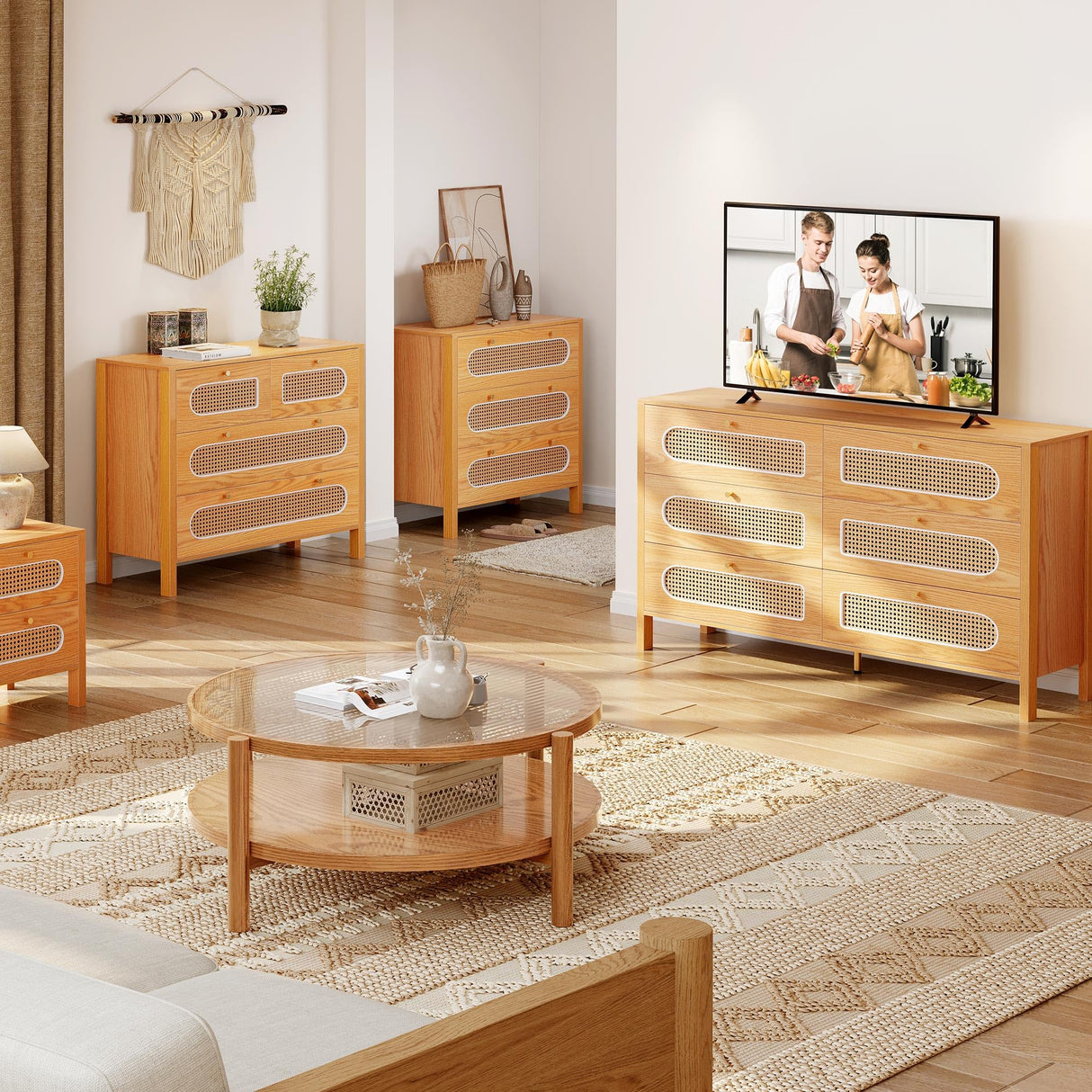 DWVO Natural Rattan 6 Drawer Dressers - Oak Wooden Dresser Chest of Drawers with Golden Handles - Modern Large Closet Boho Dressers Storage Cabinet for Living Room/Hallway/Entryway DWVO