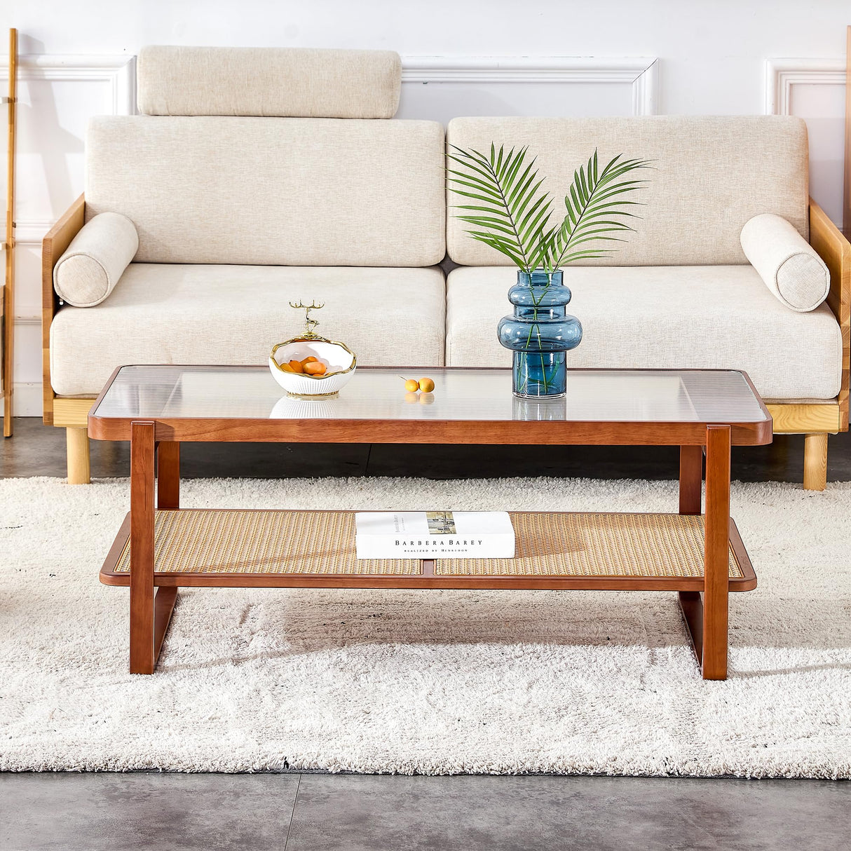 Ganooly Mid Century Modern Coffee Table with Ribbed Glass Top and PE Rattan Storage Shelf, 45 Inch Rectangular Solid Wood Boho Coffe Table, Unique Center Table for Livinig Room Apartment Small Space Ganooly