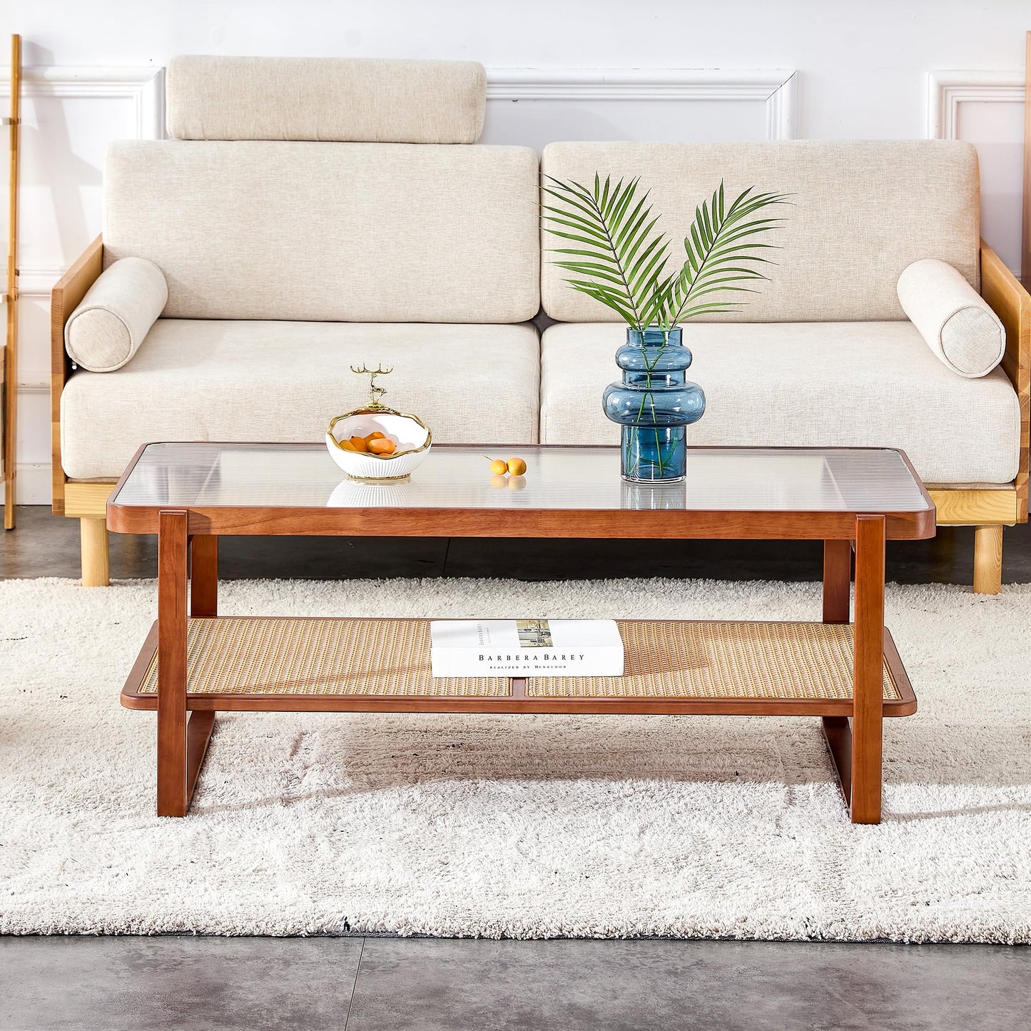 Ganooly Mid Century Modern Coffee Table with Ribbed Glass Top and PE Rattan Storage Shelf, 45 Inch Rectangular Solid Wood Boho Coffe Table, Unique Center Table for Livinig Room Apartment Smal - WoodArtSupply