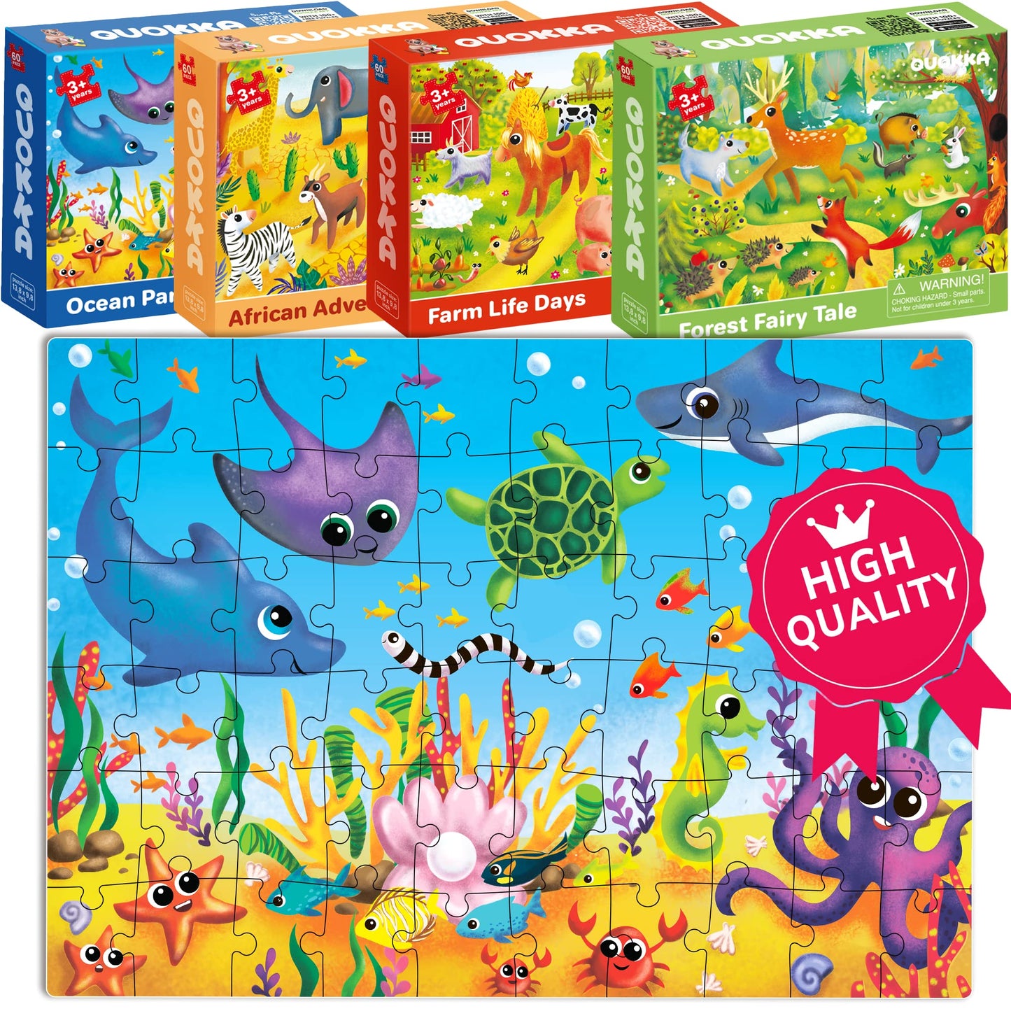 QUOKKA Puzzles for Kids Ages 4-6 - Set of 4x60 Jigsaw Puzzles for Toddlers 3-5 - Animals Toys for Children 6-8 yo - Gift Educational Game for Boys & Girls