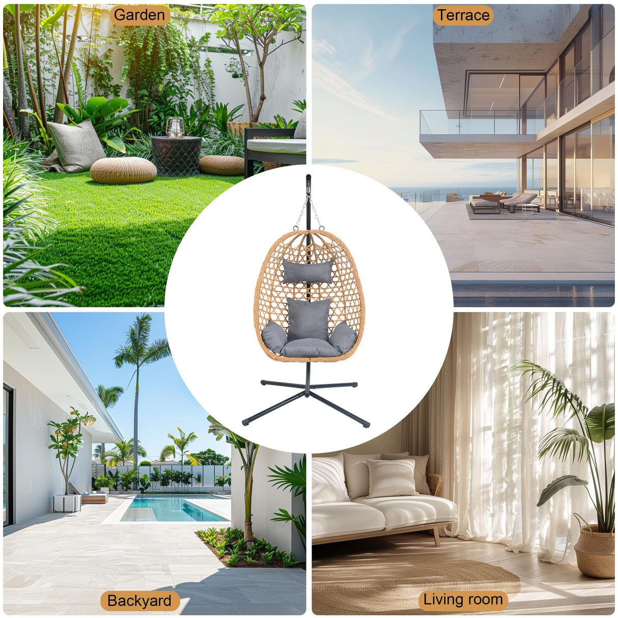 Hoffeorrad Hanging Egg Chair with Stand & Cushions - All-Weather Rattan Swing Chair for Patio, Balcony, Garden (Modern Boho Design, Ready-to-Use Indoor Outdoor) Hoffeorrad