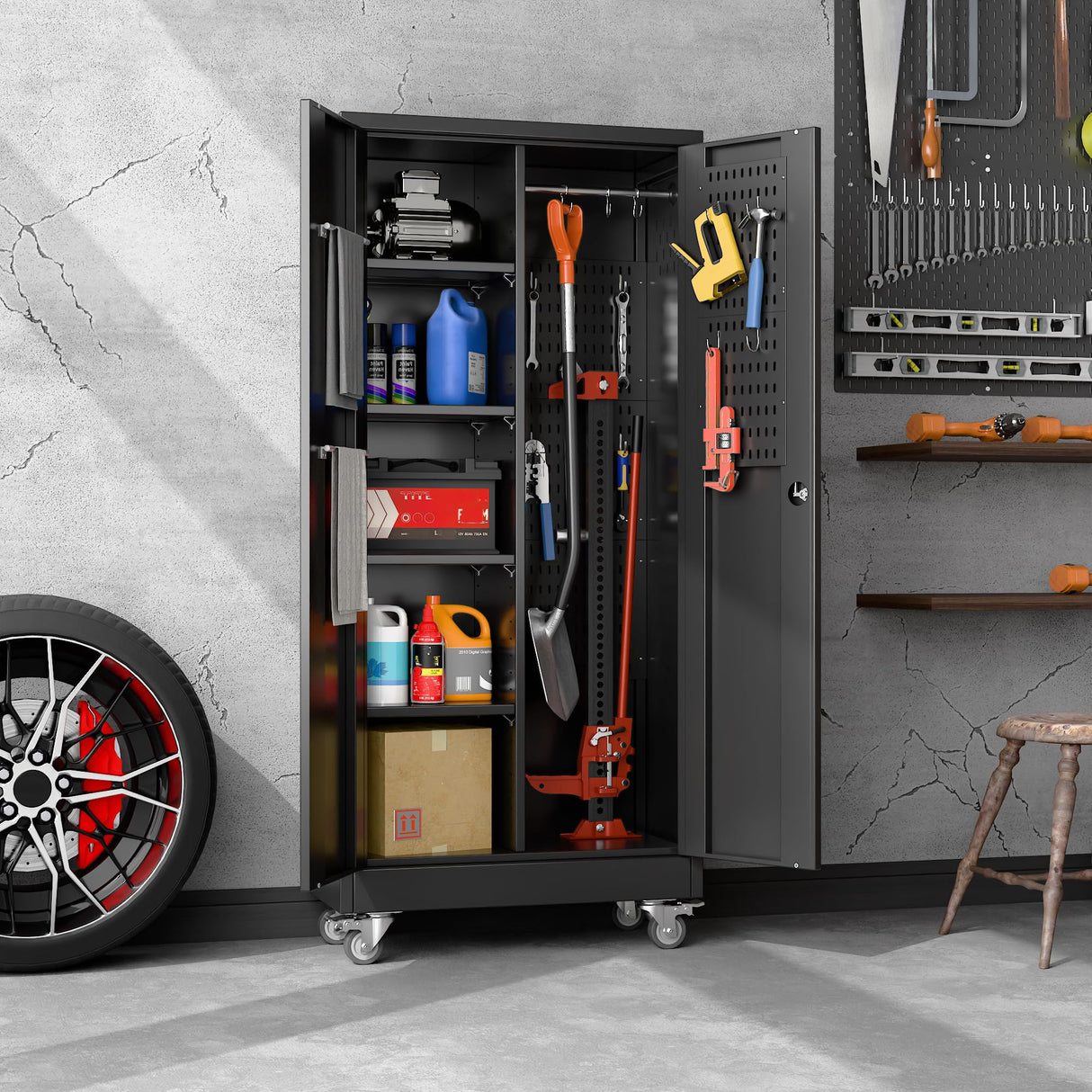 GangMei Garage Storage Cabinet with Wheels and 5 Pegboard, Broom Closet Storage Cabinet with Hanging Rod and 13 Hooks, Metal Cabinets with Locking Doors and 4 Shelves, 61.7"H x 27.6"W x 13.8"D,Black GangMei