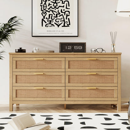 Keehusux Rattan 6 Drawer Dresser for Bedroom, Wooden Storage Chest of Drawers with Metal Handles, Double Dresser Chest for Living Room, Entryway, Natural KES002MDG - WoodArtSupply