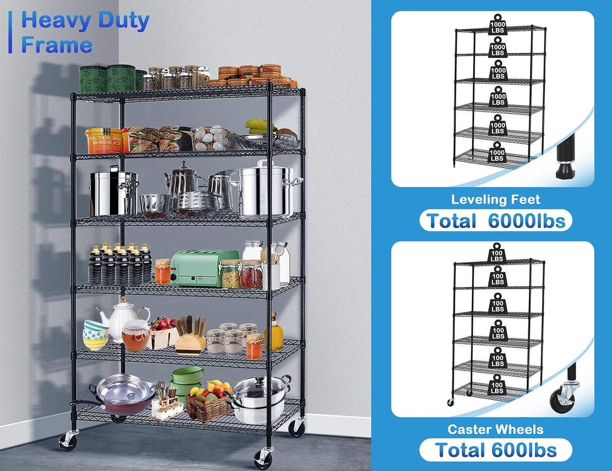 6000Lbs Capacity Metal Shelving Unit 6 Tier Adjustable Shelves for Storage Heavy Duty Commercial Grade Wire Shelf with Wheels & Feet 48" ×18" ×78" Storage Rack for Warehouse Garage Pantry Basement MKDLUFEI