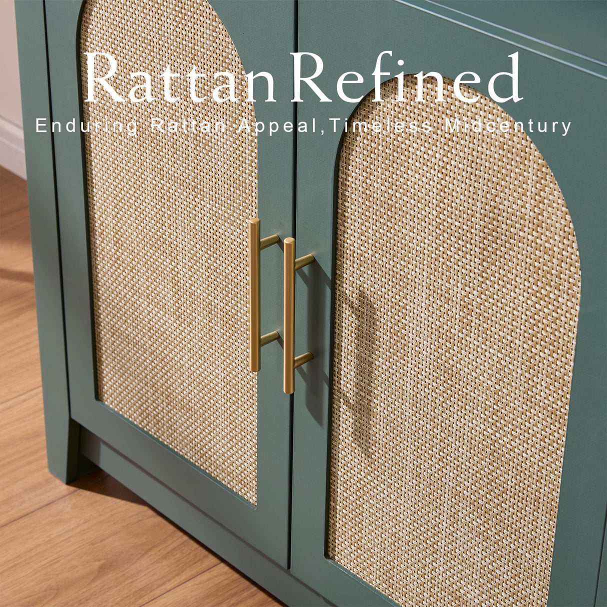 RowyPoey Rattan Arched Cabinet Bookshelf - 69.3” Tall Mid Century Display Cabinet, Rounded Bookcase with Rattan Doors, Open Shelf Storage for Dining Room (Green, 1 PC) RowyPoey