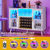 DWVO Wine Bar Cabinet with Led Lights & Power Outlets, 53" Coffee Bar Cabinet for Liquor and Glasses, Modern Buffet Sideboard with Storage Cabinet for Kitchen, Dining & Living Room, White DWVO