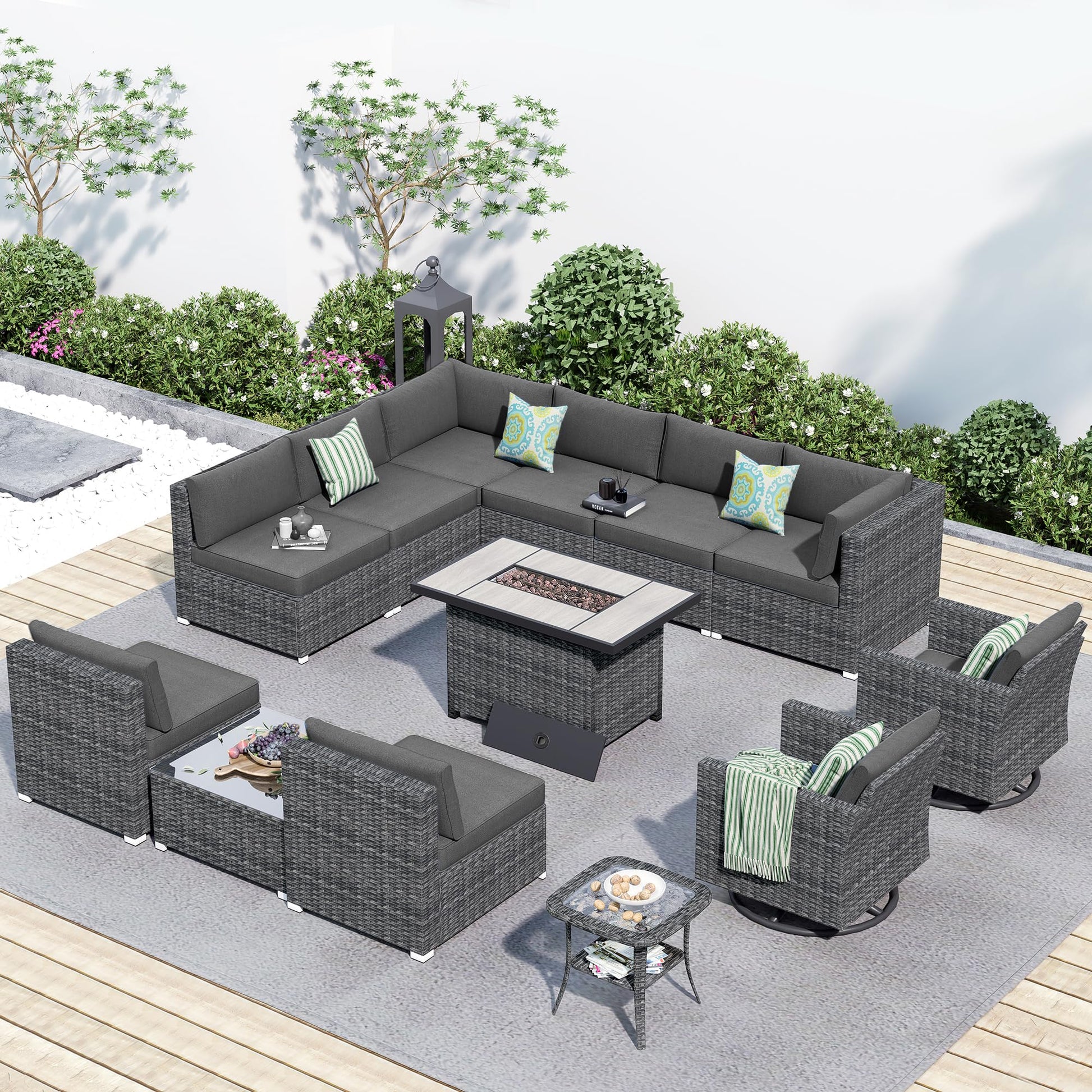 HOOOWOOO 13 Piece Patio Sectional Furniture Set with Fire Pit Table,Modern Wicker Outdoor Conversation Sofa Sets,All Weather Modular L Shaped Outside Couch Swivel Chair Set(Charcoal Grey) - WoodArtSupply