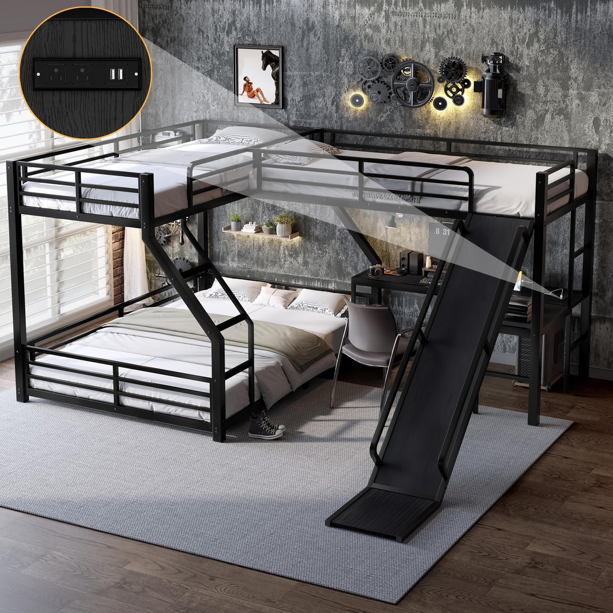 Triple Bunk Beds, L-Shape Twin XL Over Queen Bunk Bed Attached a Loft Bed with Desk, Triple Bunk Bed with Slide and USB Ports, Metal Corner Bunkbed Frame for Three Kids Boys Girls Teens, Metal Black Bellemave