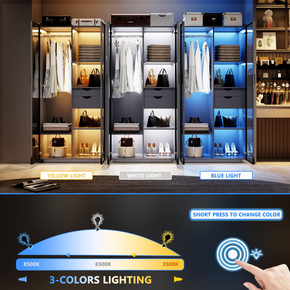 Wardrobe-Storage Cabinet With Human Sensor Design - Side Cabinet with LED Lighting - Organizer Armoire have 2 Drawers&6 Shelfs - Wardrobe With 2 Acrylic Door - Closet for Bedroom Furniture-Grey FREDEES