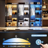 Wardrobe-Storage Cabinet With Human Sensor Design - Side Cabinet with LED Lighting - Organizer Armoire have 2 Drawers&6 Shelfs - Wardrobe With 2 Acrylic Door - Closet for Bedroom Furniture-Grey FREDEES