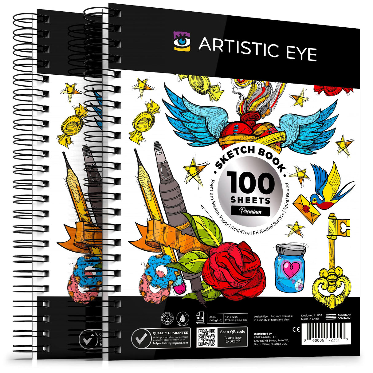ARTISTIC EYE 9x12 Premium Sketch Book Set, 100 Sheets, Spiral Bound, 68lb (100gsm), Acid-Free Drawing Paper, Ideal for Kids, Teens & Adults (Set of 2) ARTISTIC EYE