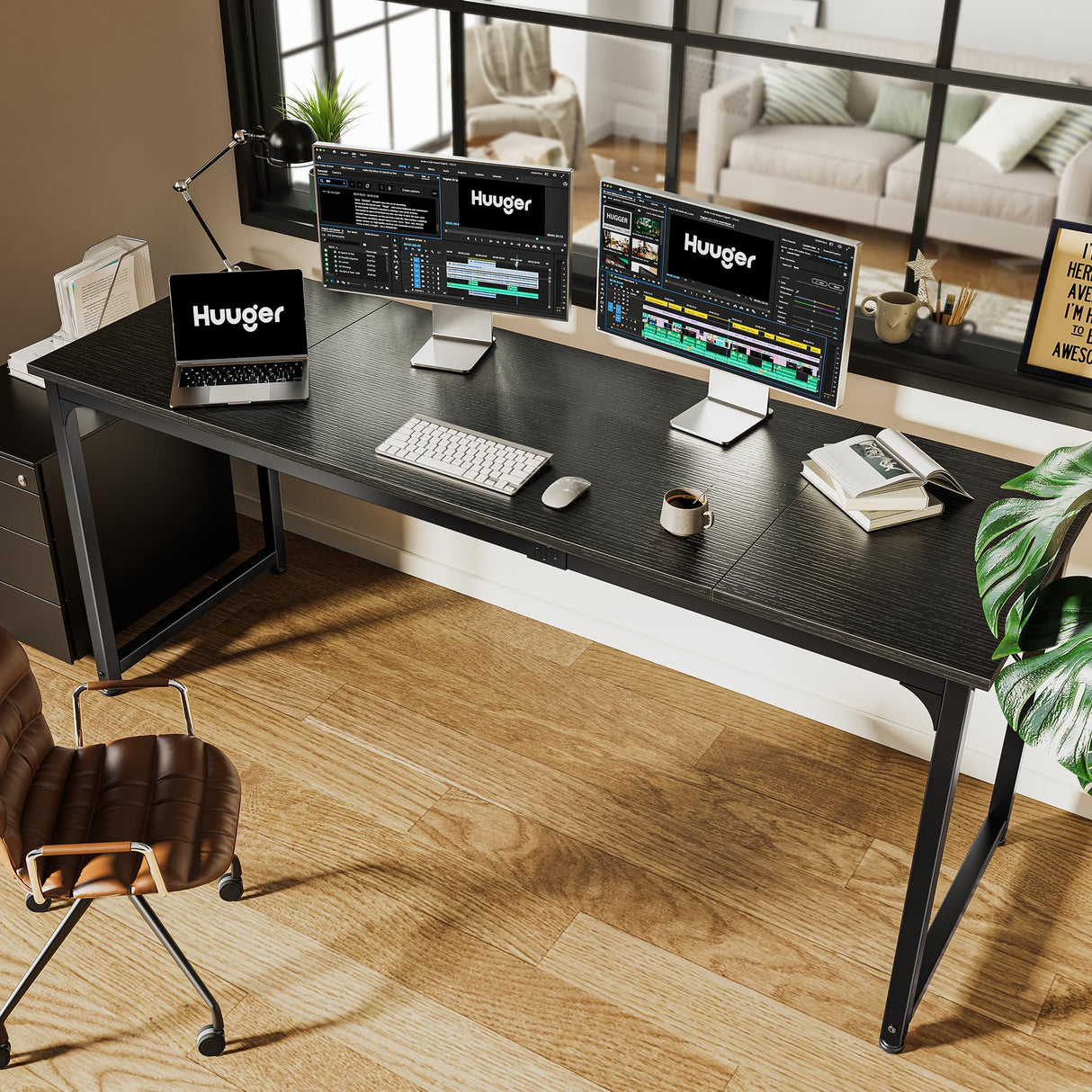 Huuger Computer Desk, 70 Inch Office Desk, Gaming Desk with Storage, Writing Desk Work Desk for Home Office, Study, Long Simple Desk, Large Legroom, Metal Frame, Black Huuger