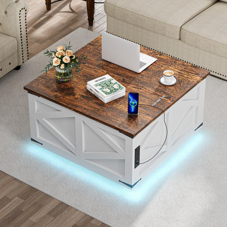 Dutsalrun Lift-Up Coffee Table with LED Storage and Charging Station | Farmhouse Square Lift-Up Table | Living Room Bench with Hidden Storage Dutsalrun