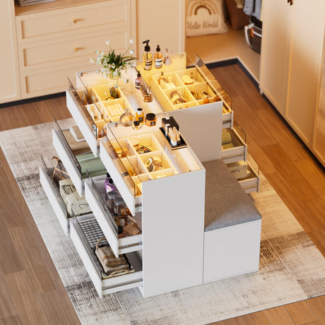 PAKASEPT Armoire Bedroom Island, Wardrobe Closet Island Dresser with Glass Showcase, Charging & 3 Color LED Light, Island Dresser with Bench, Walk in Wardrobe Furniture PAKASEPT