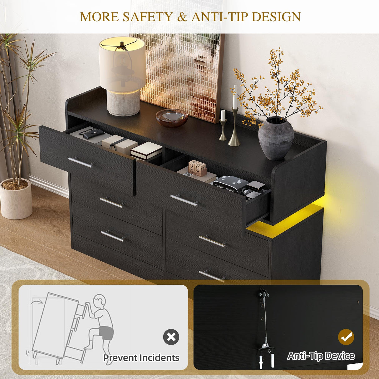 DWVO 6 Drawer Dresser with LED Light, Modern Dresser Chest of Drawers, Wide Drawer Organizer Cabinet with Top Storage Shelf, Black DWVO