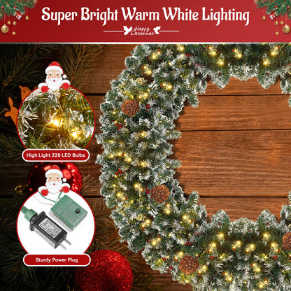 Prelit Christmas Wreath with 220 Warm White LED Lights, Outdoor Christmas Wreath Artificial Lighted Winter Wreath with 630 Pvc Tips Vivid Pine Cones and Berry Clusters, Large 60 Inches Scattered White