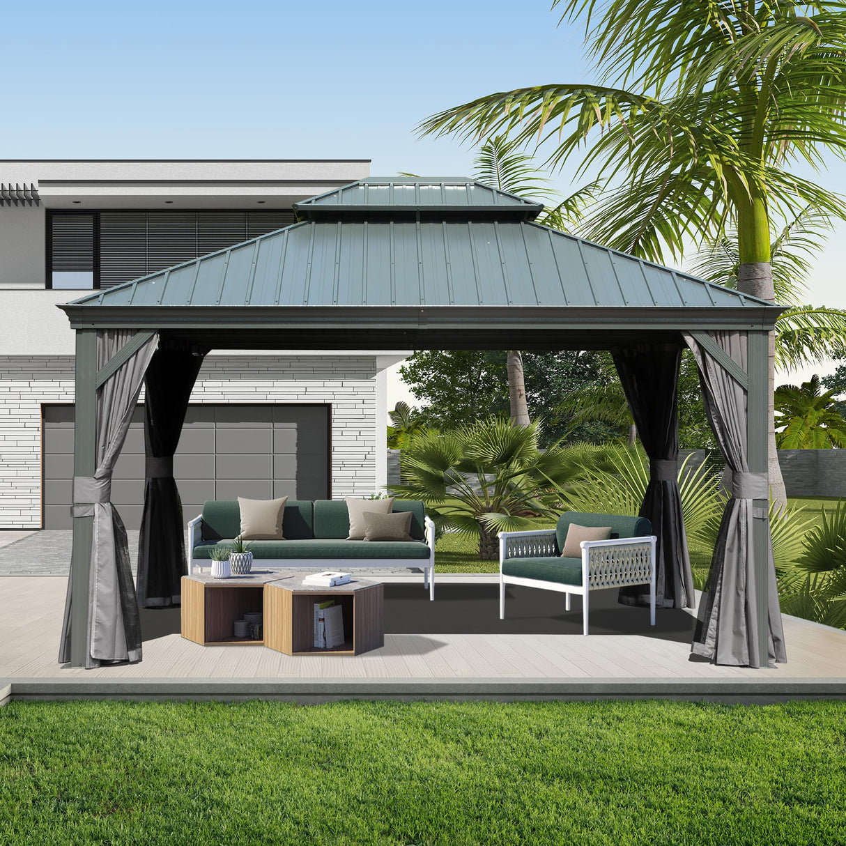 Domi 10x14FT Hardtop Gazebo, Permanent Outdoor Gazebo with Galvanized Steel Double Roof and Aluminum Frame, Curtain and Netting, Pavilion Gazebo for Patio Deck Garden, Grey domi outdoor living