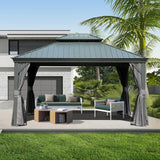 Domi 10x14FT Hardtop Gazebo, Permanent Outdoor Gazebo with Galvanized Steel Double Roof and Aluminum Frame, Curtain and Netting, Pavilion Gazebo for Patio Deck Garden, Grey domi outdoor living