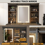 FREDEES Farmhouse Makeup Vanity with Charging Station,Vanity Set with Stool&Sliding Mirror&3Brightness Lights,Large Storage Glass Top Dressing Table with Drawers and Shelves for Women/Girls,Dark Oak FREDEES