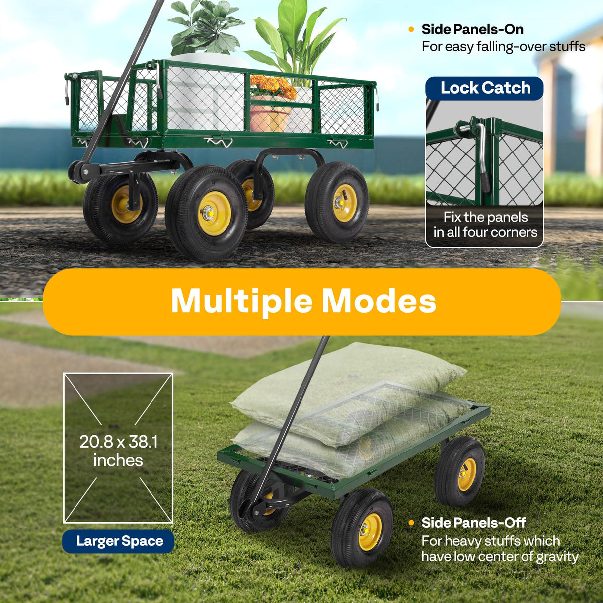 VIVOHOME Heavy Duty 880 Lbs Capacity Mesh Steel Garden Cart Folding Utility Wagon with Removable Sides and 4.10/3.50-4" Wheels 10 Inch Tire(Green) VIVOHOME