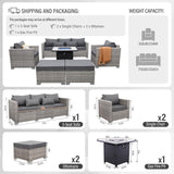 WAROOM Patio Furniture Set 6 Piece Outdoor Patio Set Grey Wicker Balcony Furniture Conversation Sets PE Rattan Couch Sofa with Fire Pit Table, Grey Cushion WAROOM