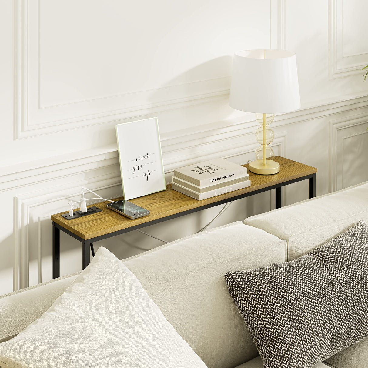 SONGXIN 39 Inch Console Table with Power Outlet,Modern Narrow Long Sofa Table Behind Couch,Skinny Entry Table with Black Metal Frame for Entryway,Living Room, Hallway,3D Oak SONGXIN