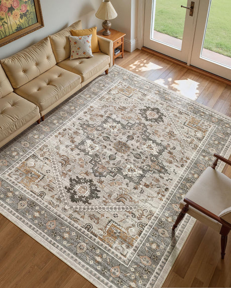 Micgeek 8x10 Vintage Area Rug: Washable Neutral Soft Non Slip Thin Large Floor Carpet for Living Room Bedroom Kitchen Dining Room Home Office Farmhouse Indoor - Taupe Micgeek