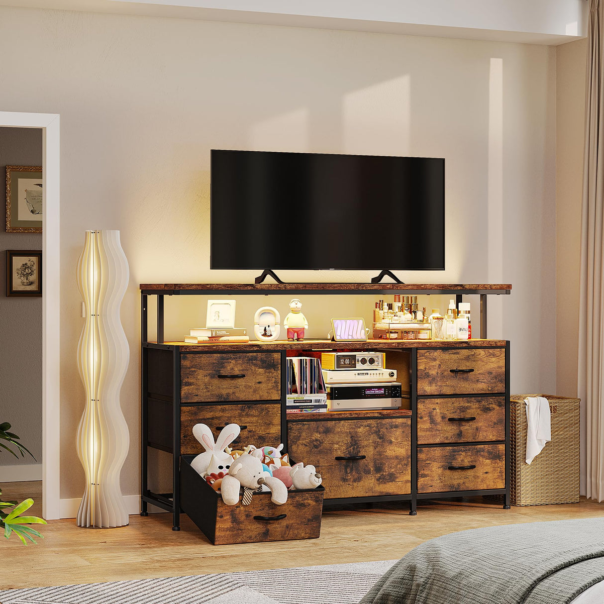 EnHomee Dresser TV Stand for Bedroom with LED Lights & power outlets for 55" TV Stand Dresser for Bedroom Entertainment Center with 7 Fabric Drawers and Wood Shelves for Living Room, Rustic Brown EnHomee