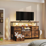 EnHomee Dresser TV Stand for Bedroom with LED Lights & power outlets for 55" TV Stand Dresser for Bedroom Entertainment Center with 7 Fabric Drawers and Wood Shelves for Living Room, Rustic Brown EnHomee