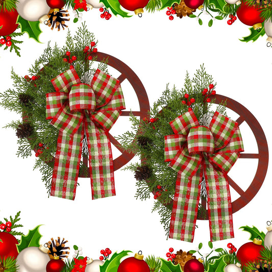 Suzile 2 Pcs Christmas Winter Wreath Farmhouse Wagon Wheel 16 Inch Red Wooden Wagon Wheel Wreaths with Ribbon Bow Pine Berry Vintage Wall Hanging Decorations Craft for Xmas Front Door Outdoor Garden