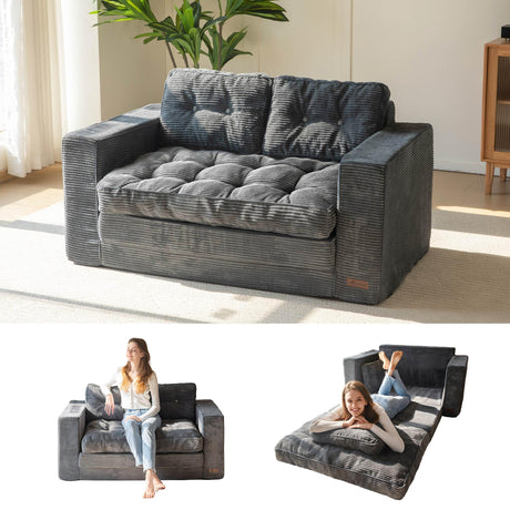 MAXYOYO Convertible Sofa Bed, Pull Out Loveseat Sleeper Sofa, 2 in 1 Folding Couch Bed, Fold Out Floor Couch with Pillows for Living Room Bedroom Lounge, Dark Grey MAXYOYO