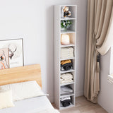 Bamjoy 71 Inches Tall Narrow Bookshelf, 8-Tier CD DVD Slim Media Tower Rack, Corner Bookcase with Adjustable Shelves, Skinny Cubes Bookshelves for Home Office Small Space, White Bamjoy