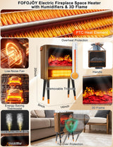 Electric Fireplace Heater with 3D Realistic Flame, Humidifier, Thermostat, Safety Protection, Remote Control, Timer, Electric Space Heater, 1500W/750W Portable Fireplace Heater for Indoor Use FOFOJÔY