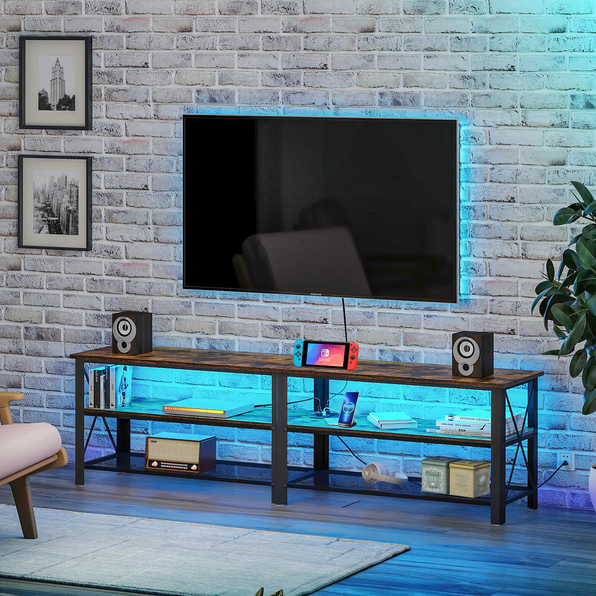 Clikuutory Modern Brown 71 inch Metal TV Stand with LED Lights and Power Outlets for 50 60 65 70 75 80 Inch TVs, 3 Tier Television Stands with Entertainment Center and Storage for Living Room, Bedroom Clikuutory
