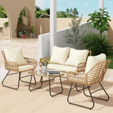 LEX CRAFT 4-Piece Outdoor Patio Furniture Set with Cushions & Tempered Glass Table, All-Weather Rattan Bistro Set with Loveseat Chairs Table Soft Cushions for Garden, Porch, Backyard (Beige) LEX CRAFT