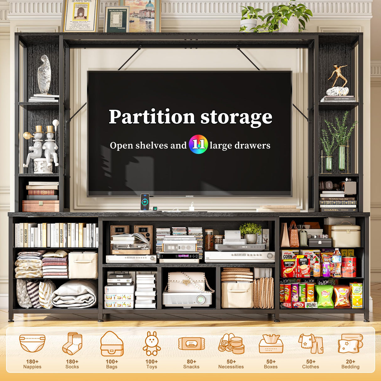 65" TV Stands for Living Room, Large Wall Unit Entertainment Center with 11 Fabric Drawer,Dresser TV Stand with 2 LED Lights & Power Outlets,TV Stand for Bedroom with Storage Shelf,Black EnHomee