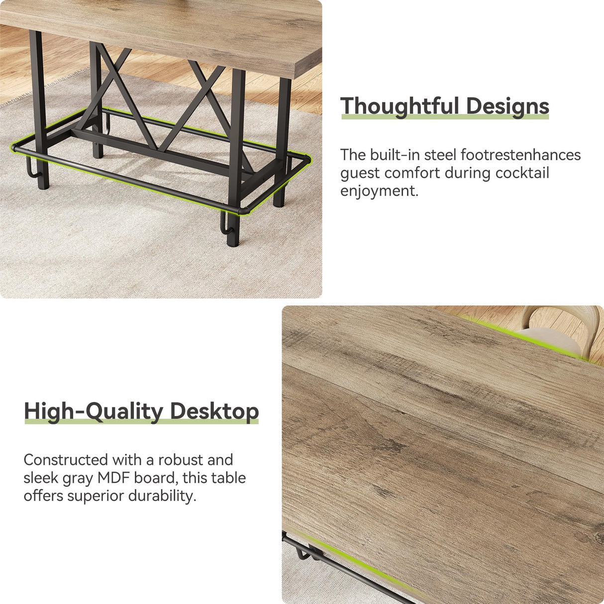 LITTLE TREE 63-Inch Industrial Bar Table with Metal Footrest, Counter Height Pub Table for Kitchen, Home Bar & Entertaining (Rustic Gray) LITTLE TREE